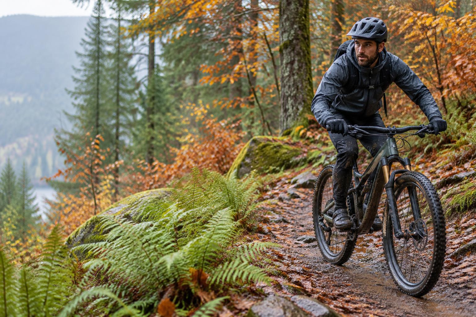 Ciclista equipado para um trilho molhado, sem logótipos