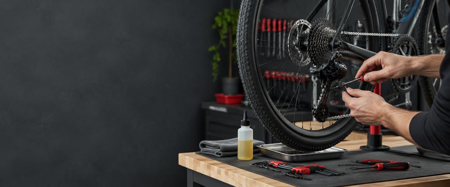 Manutenção de uma bicicleta numa oficina