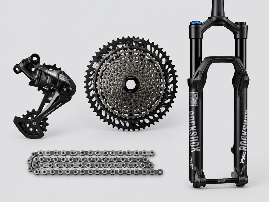 Componentes de bicicleta numa composição editorial